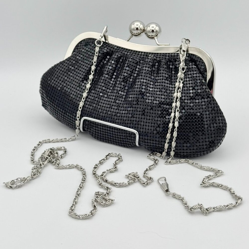 Vintage Black Metal Mesh Metallic Silver Contrast Evening Bag Purse Double Strap
